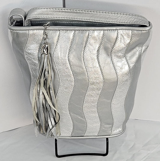 Striped Zigzag Genuine Leather Handbag - Silver & Grey - Made In USA