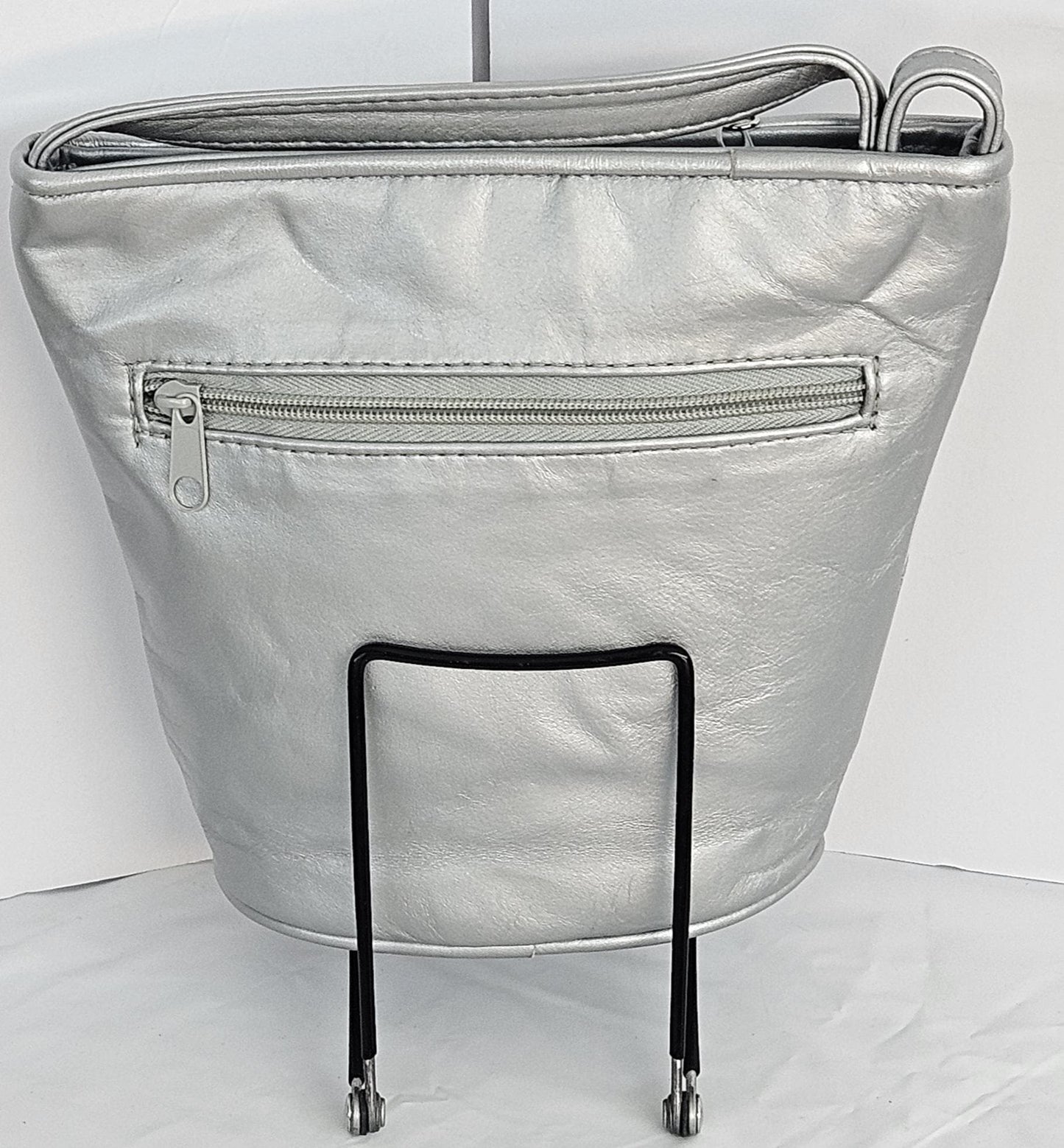 Striped Zigzag Genuine Leather Handbag - Silver & Grey - Made In USA