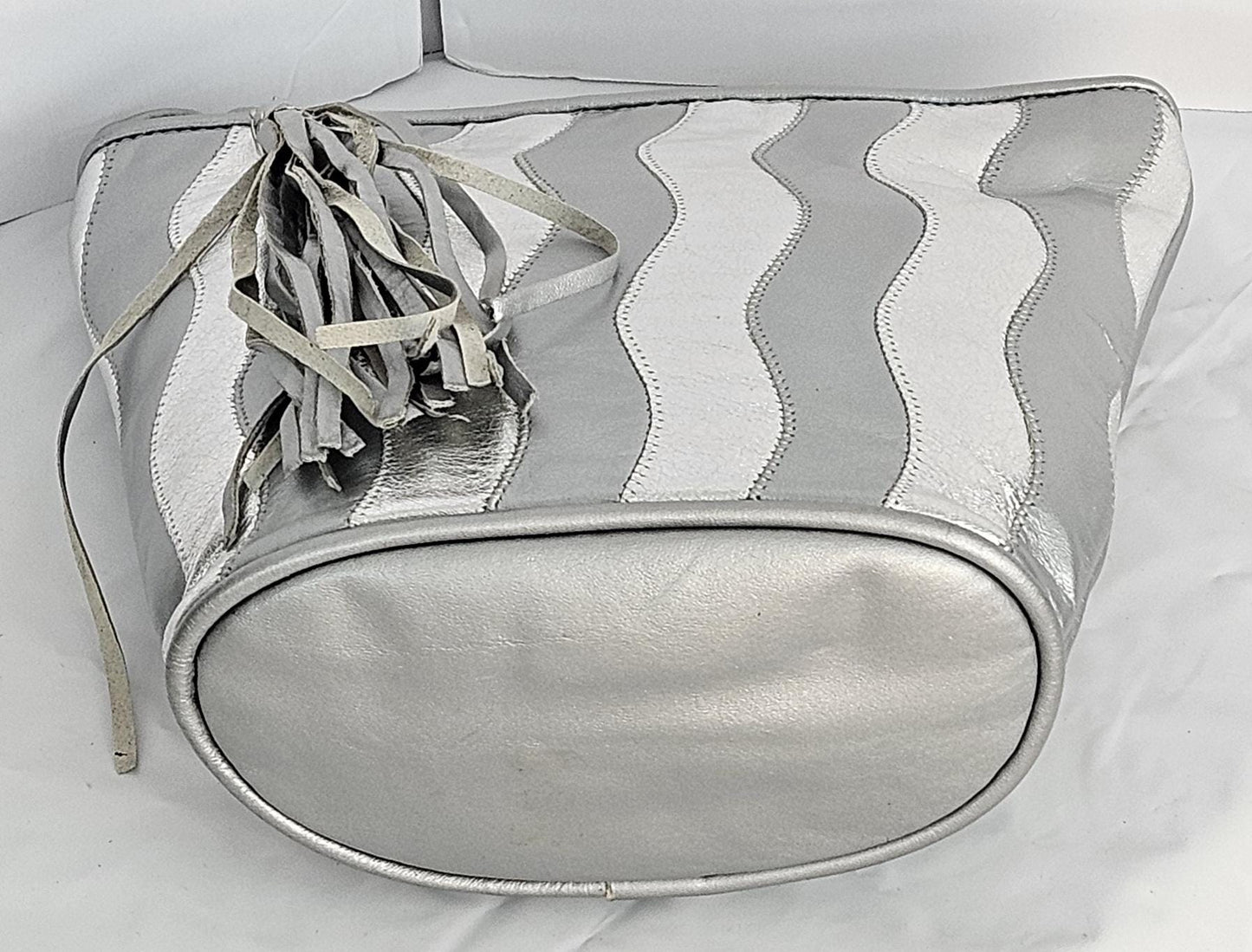Striped Zigzag Genuine Leather Handbag - Silver & Grey - Made In USA