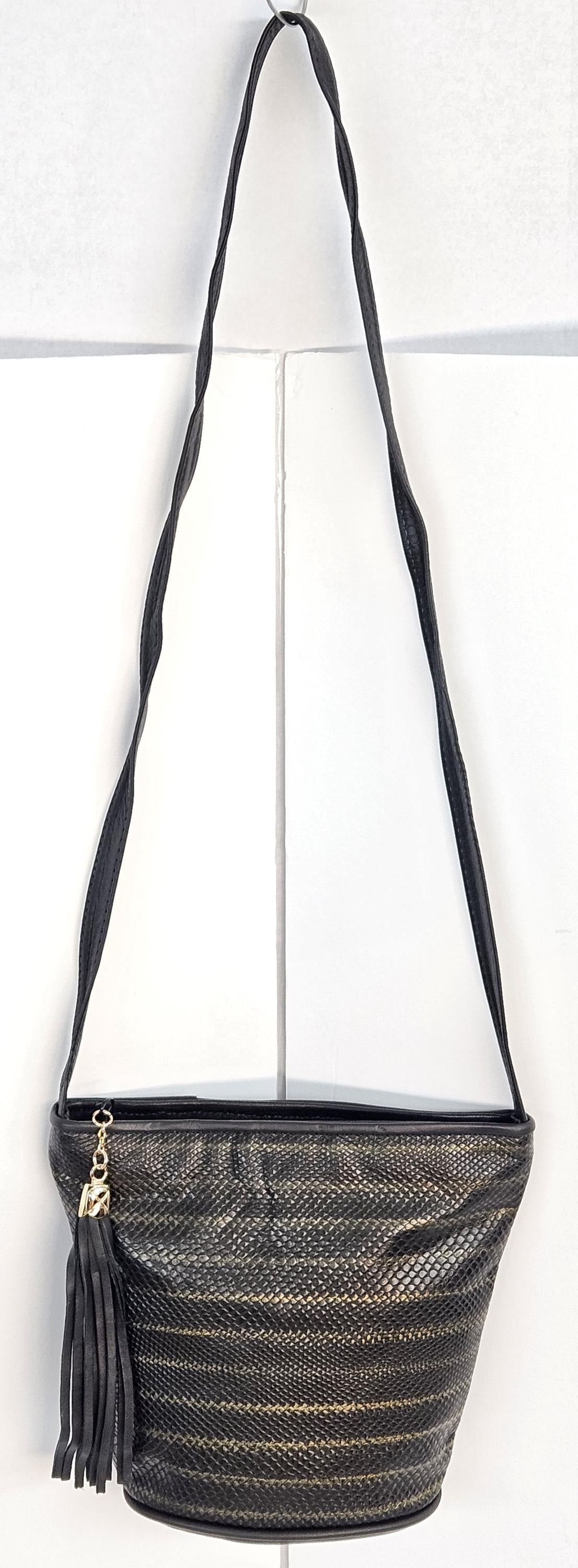 Black Two-Tone Print Leather Handbag: Italian Leather Crossbody, Made in USA