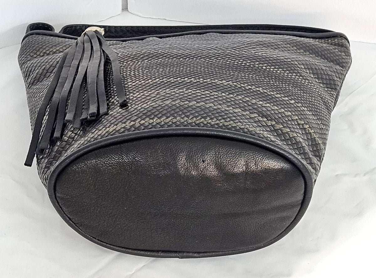 Black Two-Tone Print Leather Handbag: Italian Leather Crossbody, Made in USA