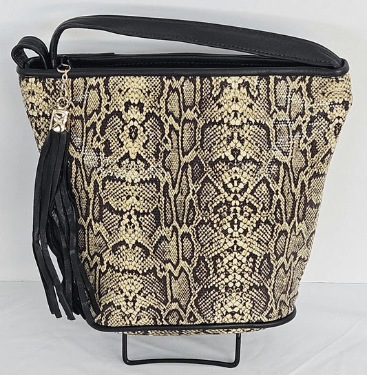 Black with Brown and champagne mix print Fabric with Genuine Leather Handbag#TR2099Bbcmf,Purses for Universal Use,Unique design.Made in USA.