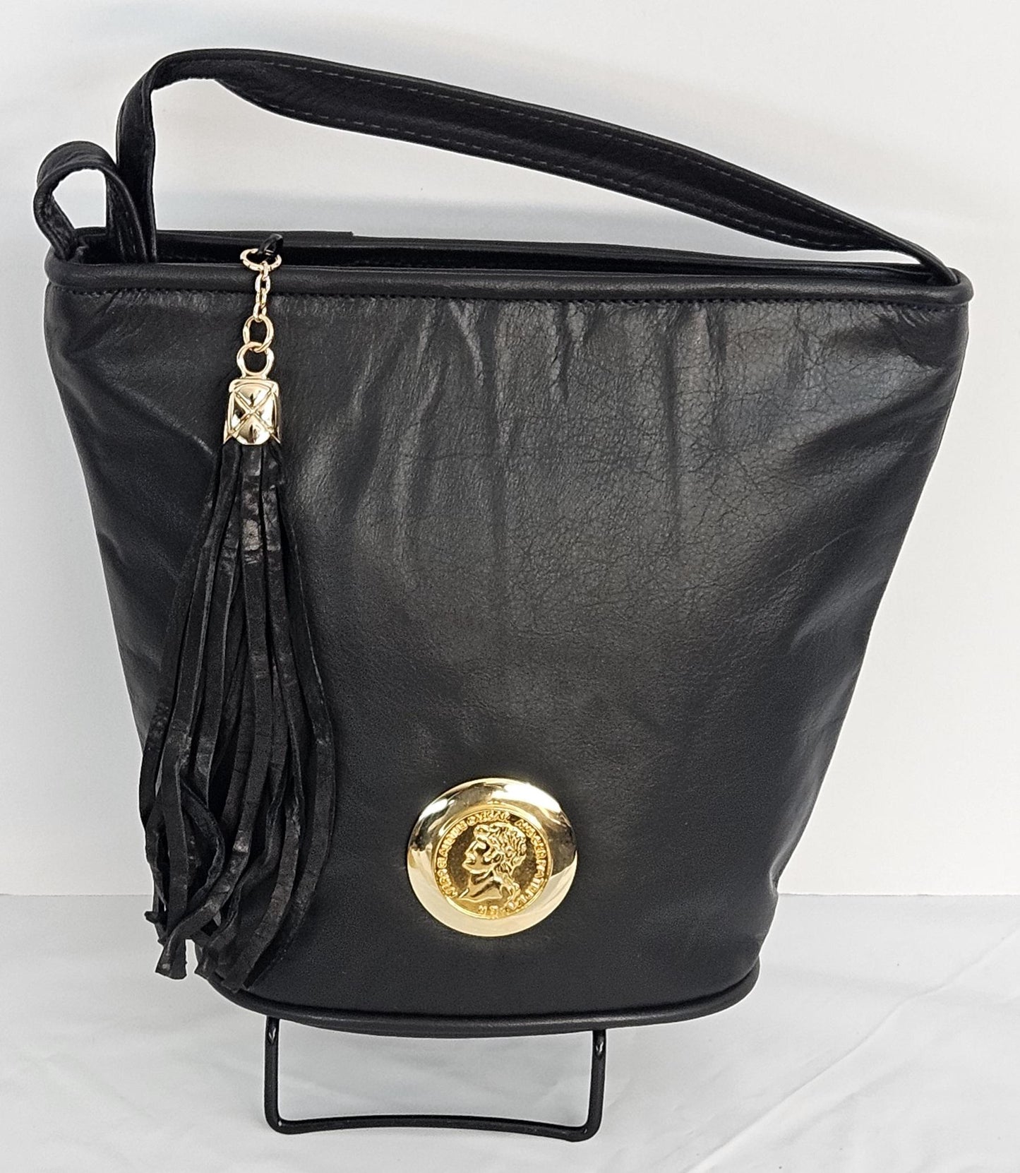 Black Leather Handbag: Gold Coin Detail, Teasel Purse, Made in USA