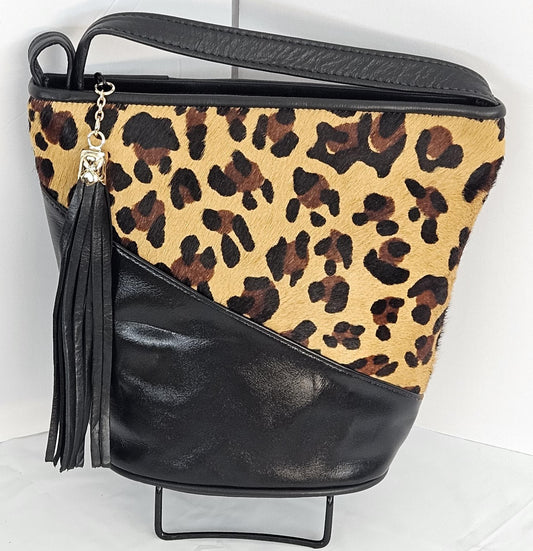 Black with Leopard print triangle Genuine Leather Handbag.#TR2099bLP, for girls,women,Universal Use,Unique design. Made in USA.