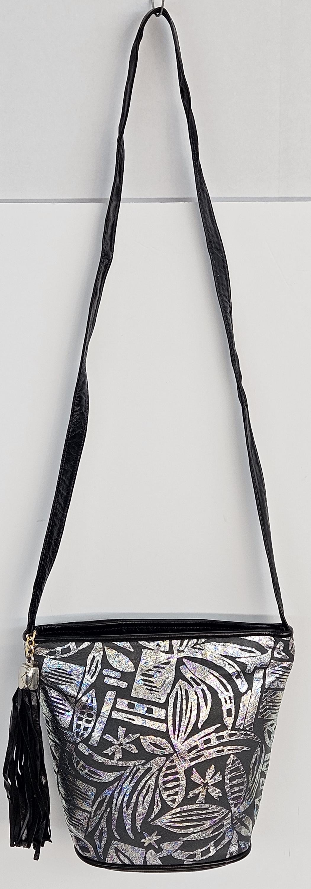 Black Leather Crossbody Handbag: Silver Print, Made in USA