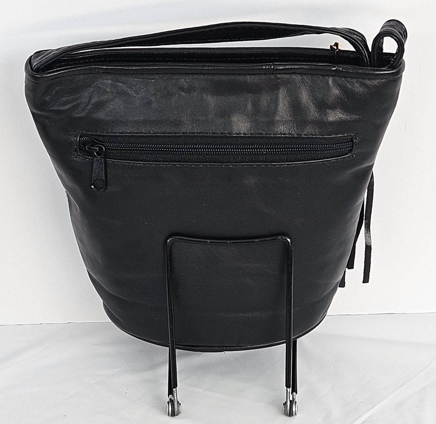 Black Leather Crossbody Handbag: Silver Print, Made in USA