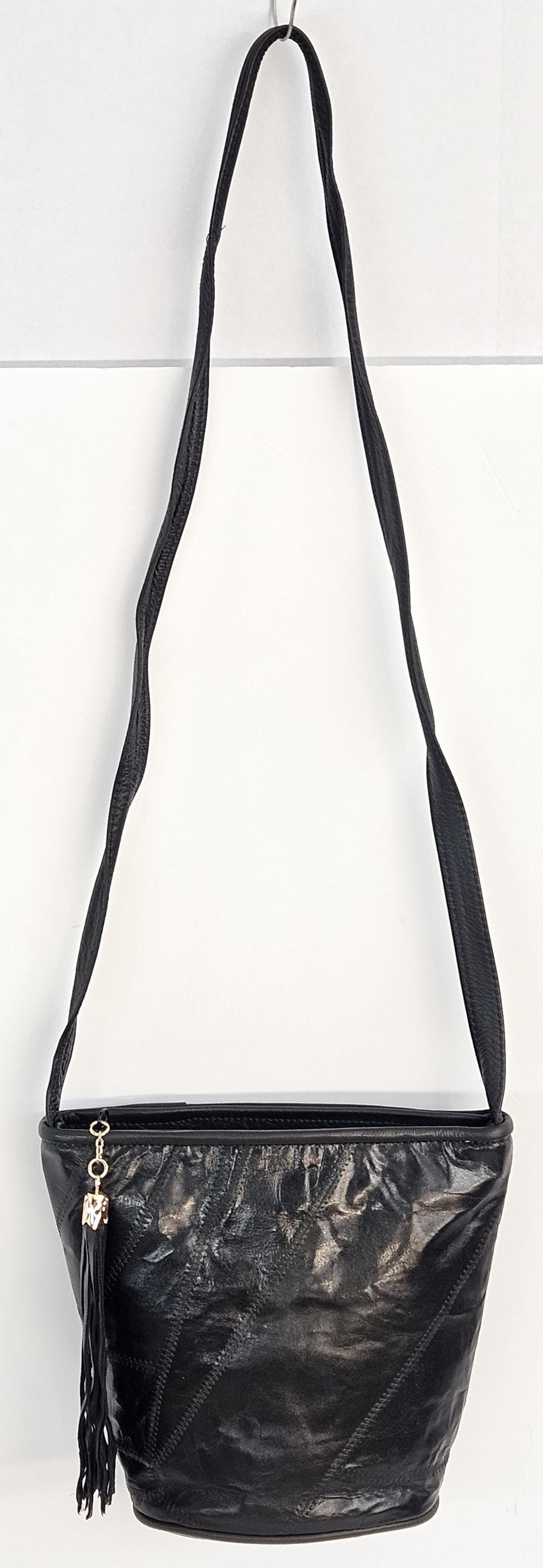 Black Patchwork Genuine Leather Handbag: Unique Crossbody Purse, Made in USA