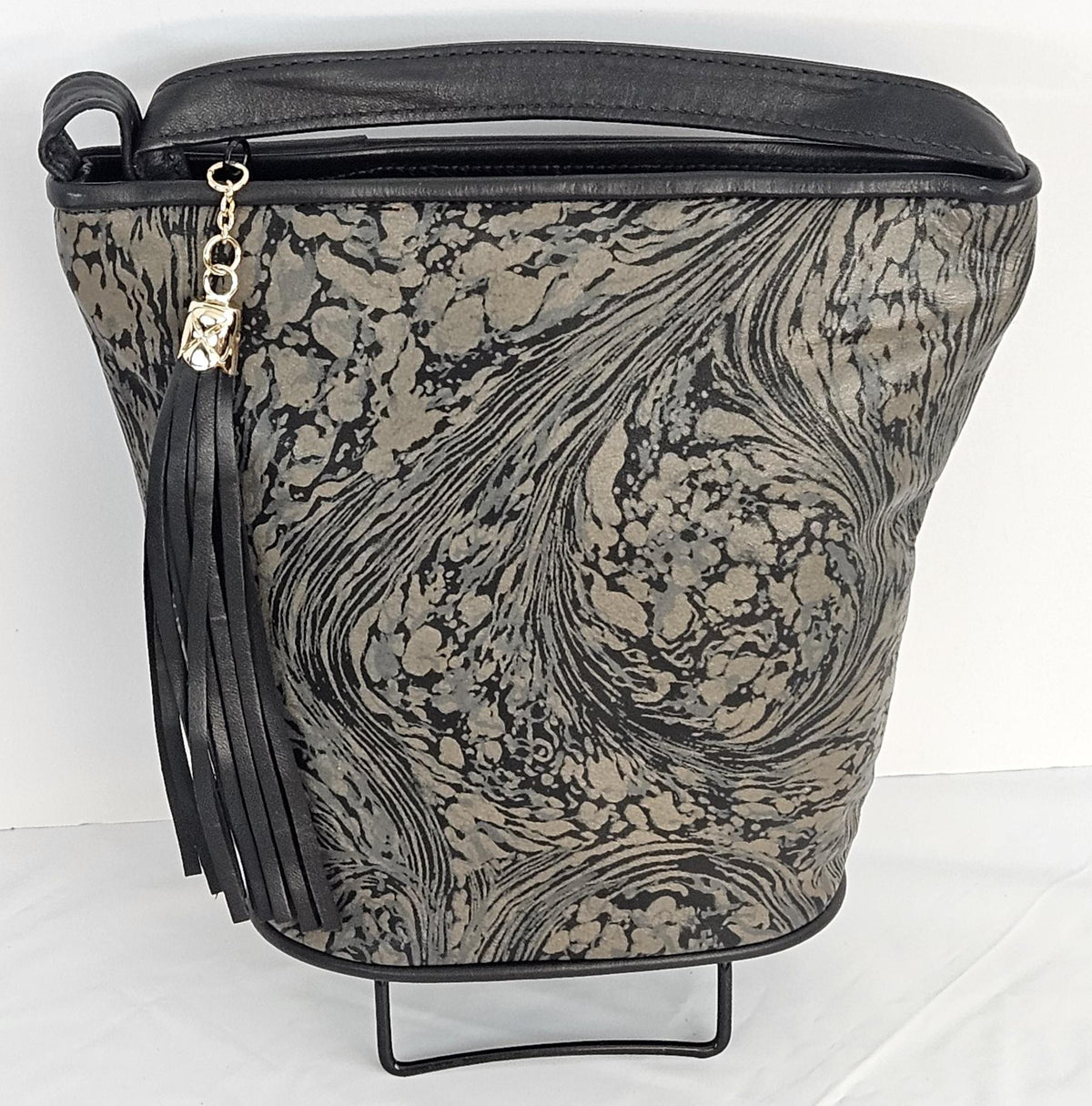Genuine Leather Crossbody Handbag: Black Mocha Swirl, Made in USA