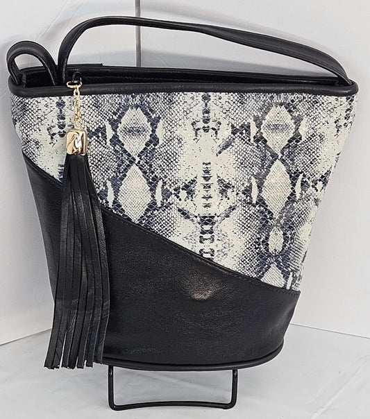 Black with black and white print triangle Genuine Leather Handbag.#TR2099bwp, for girls,women,Universal Use,Unique design. Made in USA.