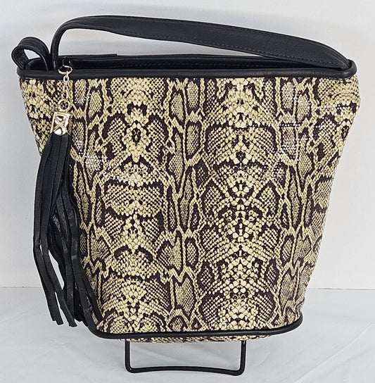 Black Genuine Leather with Champagne  brown snake print mix Fabrice Handbag. #TR2099bcbsp.Made in USA
