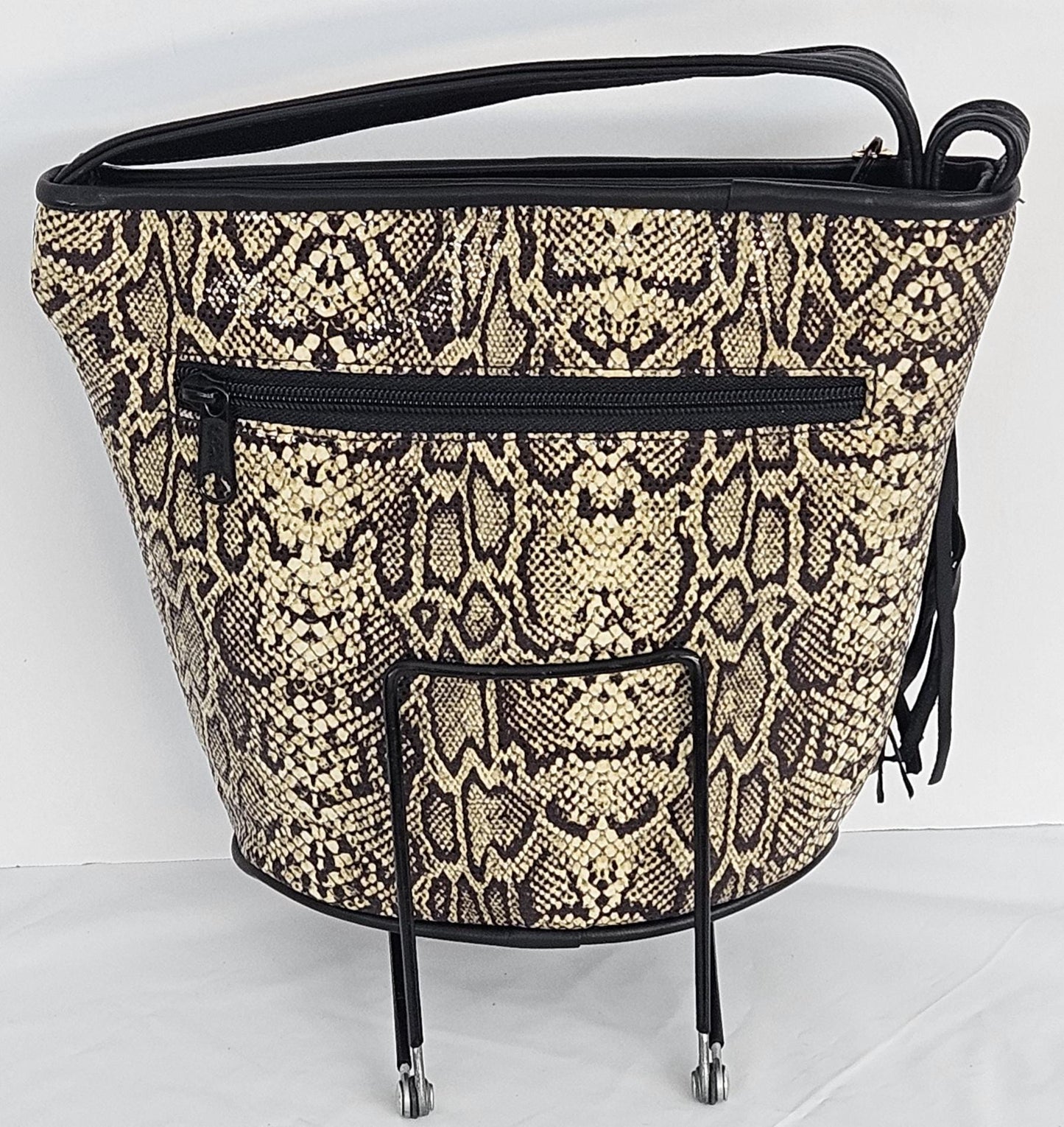 Black Leather Crossbody Handbag: Champagne Snake Print, Made in USA