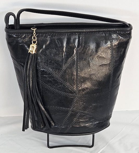 Black Patchwork Genuine Leather Handbag: USA Made Crossbody Purse