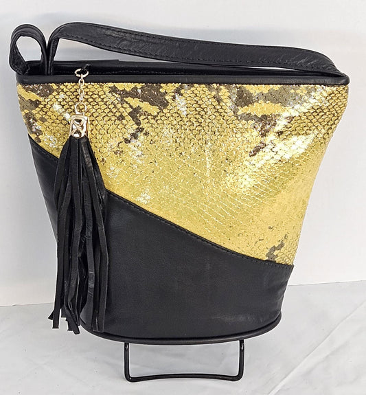Black & Yellow Leather Handbag: Triangle Design, Made in USA