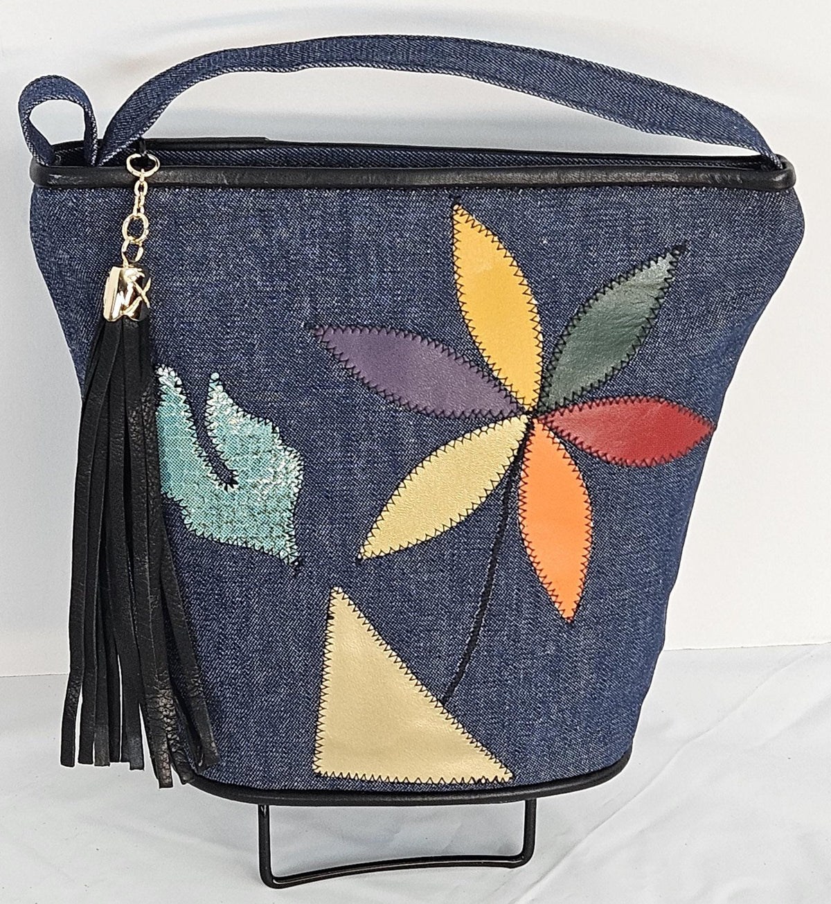 Denim Handbag with Leather Flower Applique - Made in USA
