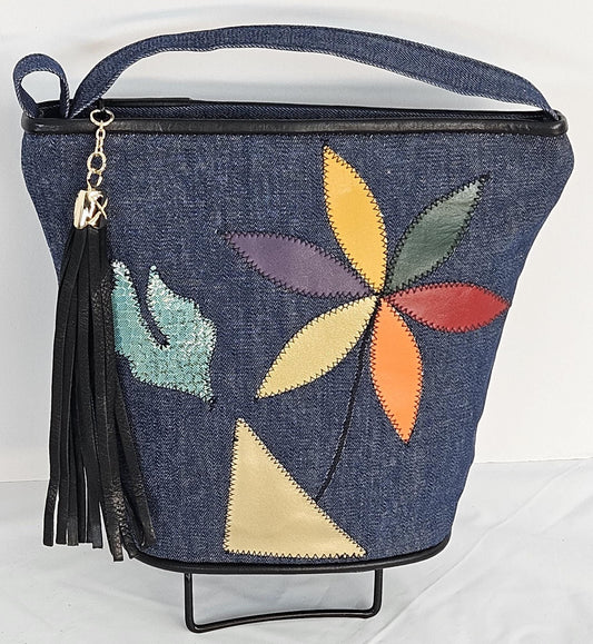 Denim Handbag with Leather Flower Applique - Made in USA