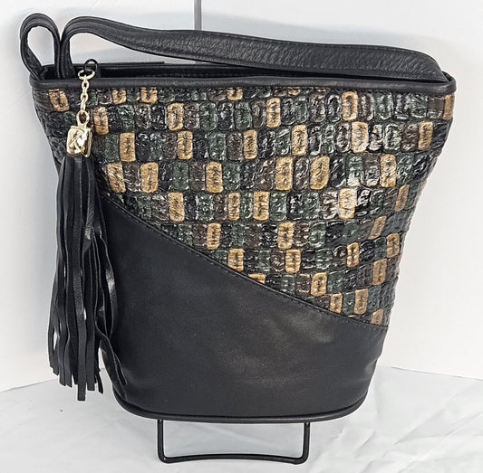 Triangle Leather Crossbody Handbag: Black, Gold & Green - Made in USA