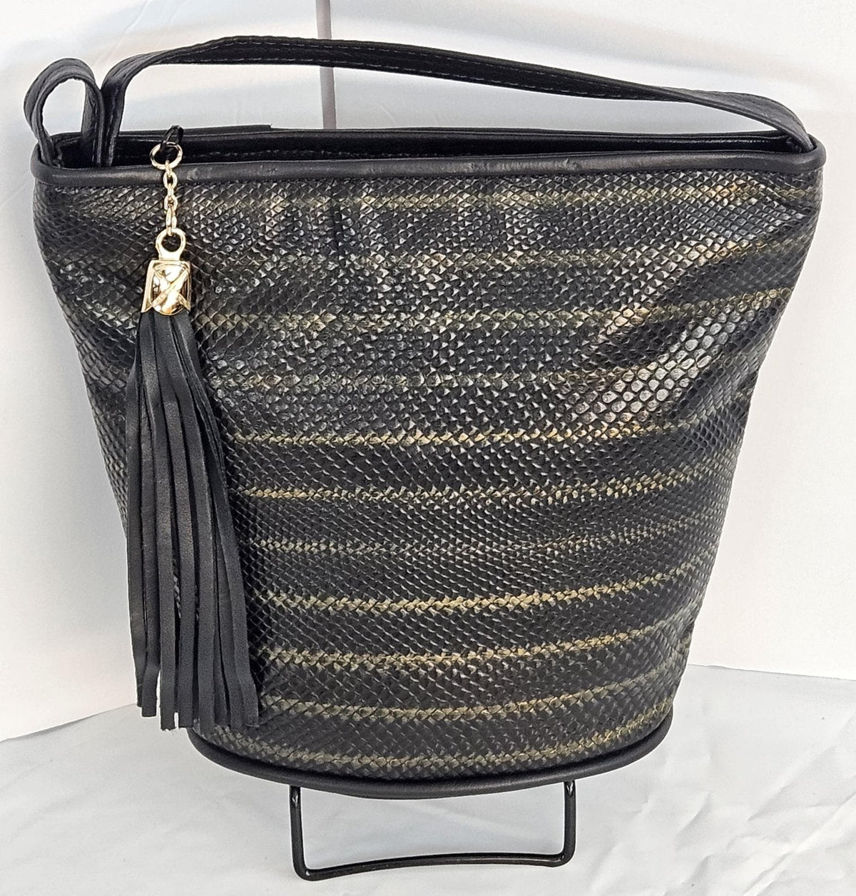 Black Two-Tone Print Leather Handbag: Italian Leather Crossbody, Made in USA
