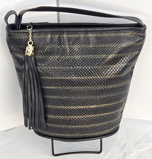Black Two-Tone Print Leather Handbag: Italian Leather Crossbody, Made in USA