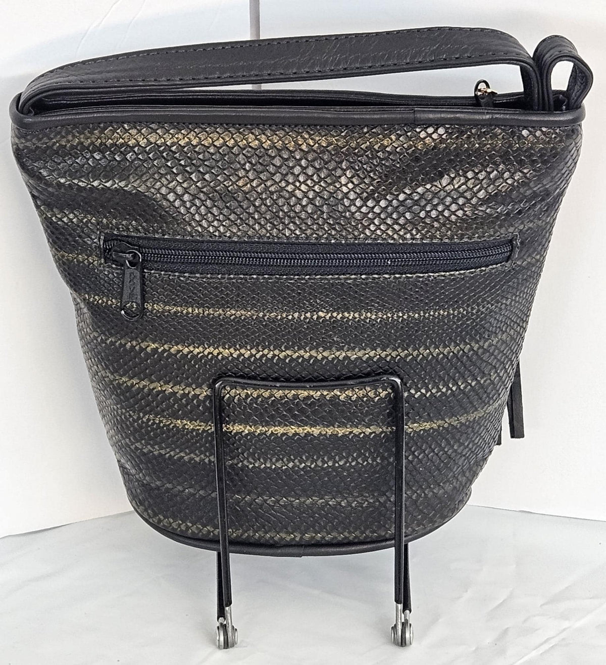 Black Two-Tone Print Leather Handbag: Italian Leather Crossbody, Made in USA