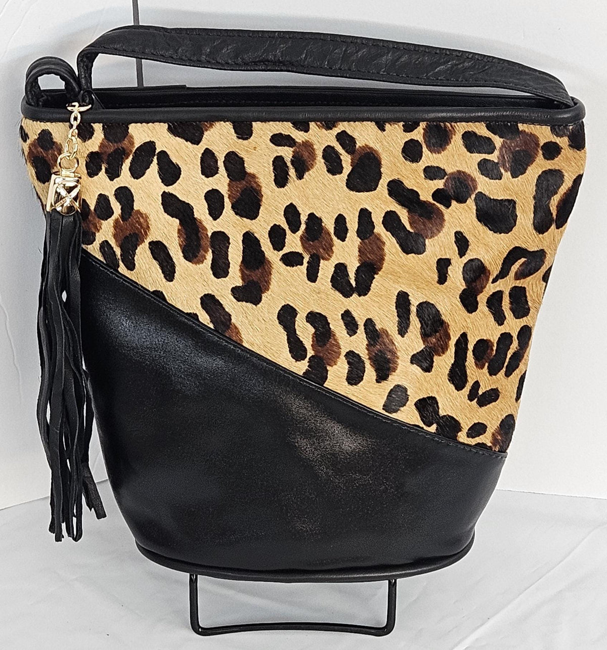 Leopard Print Genuine Leather Handbag: Black Triangle Crossbody Purse, Made in USA