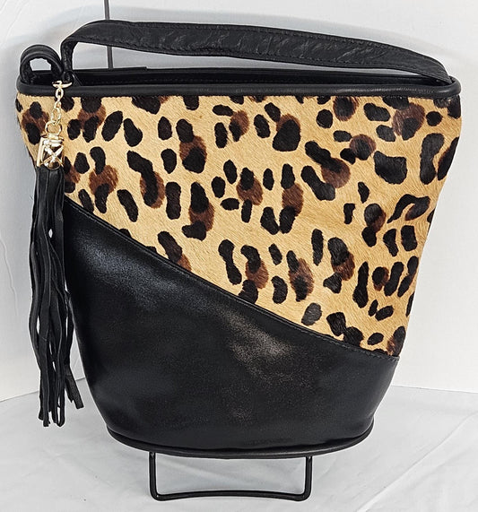 Leopard Print Genuine Leather Handbag: Black Triangle Crossbody Purse, Made in USA