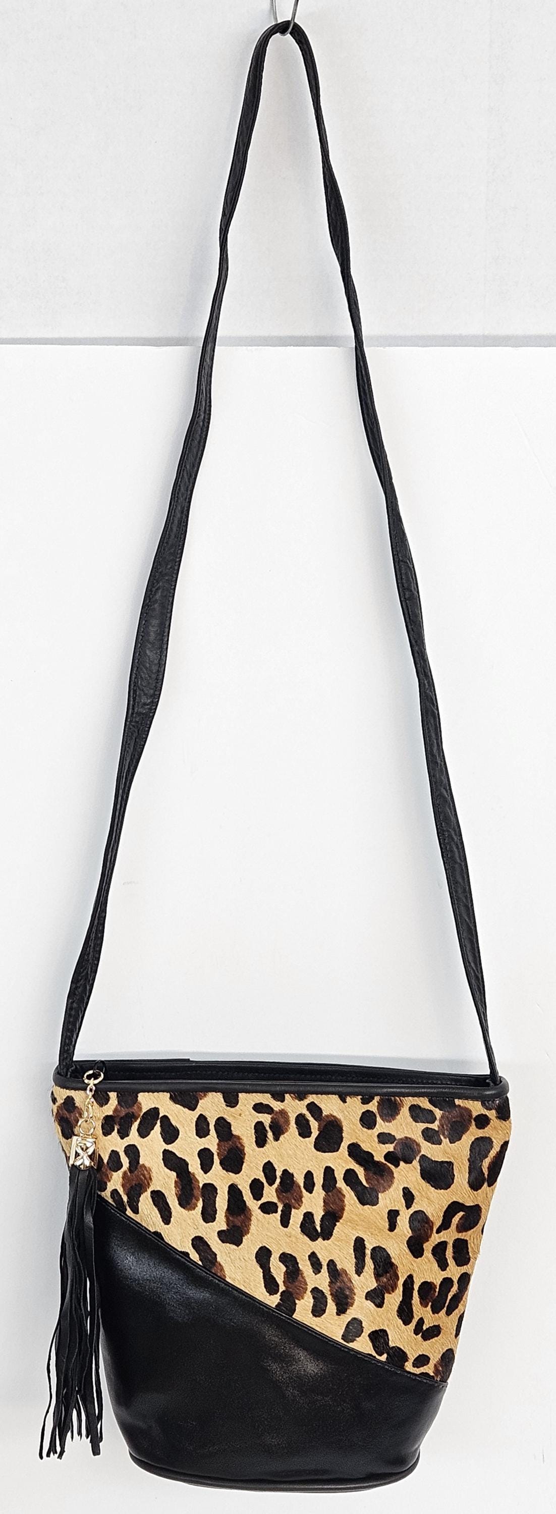 Leopard Print Genuine Leather Handbag: Black Triangle Crossbody Purse, Made in USA