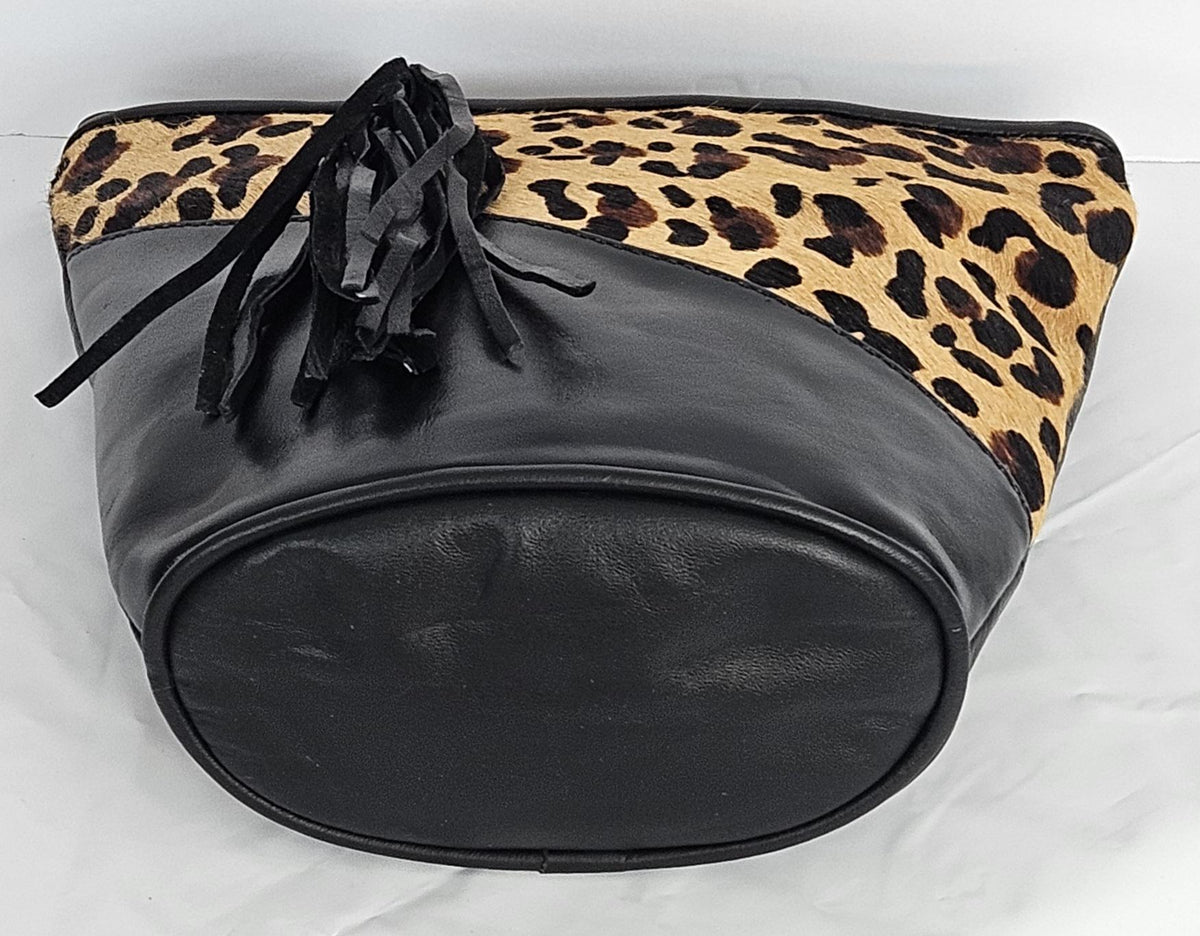 Leopard Print Genuine Leather Handbag: Black Triangle Crossbody Purse, Made in USA