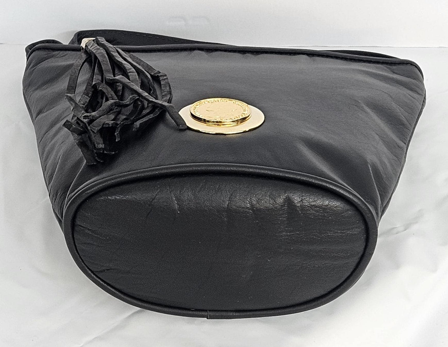 Black Leather Handbag: Gold Coin Detail, Teasel Purse, Made in USA
