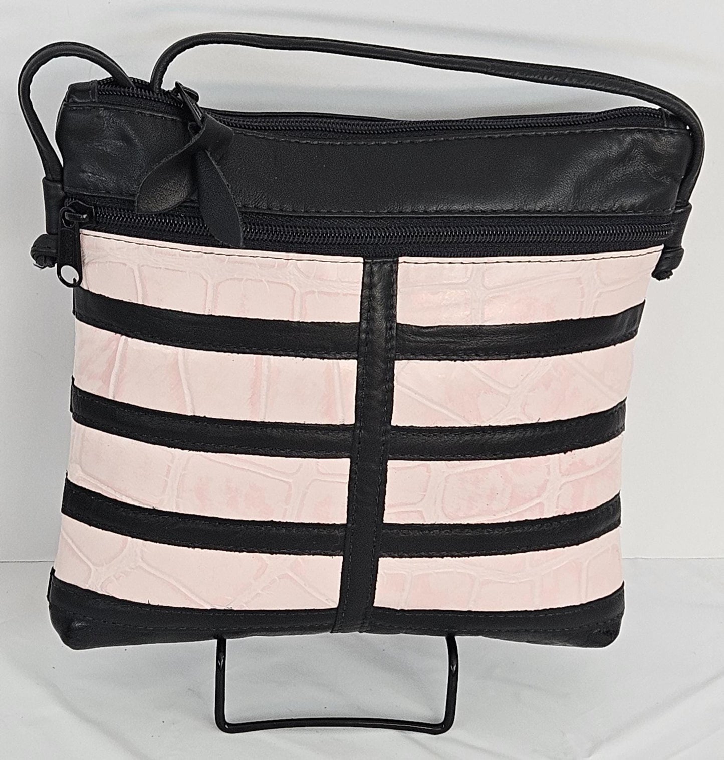 Black Leather Crossbody Bag: Pink Print, USA Made