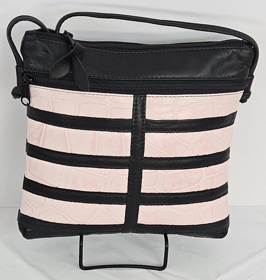 Black Leather Crossbody Bag: Pink Print, USA Made