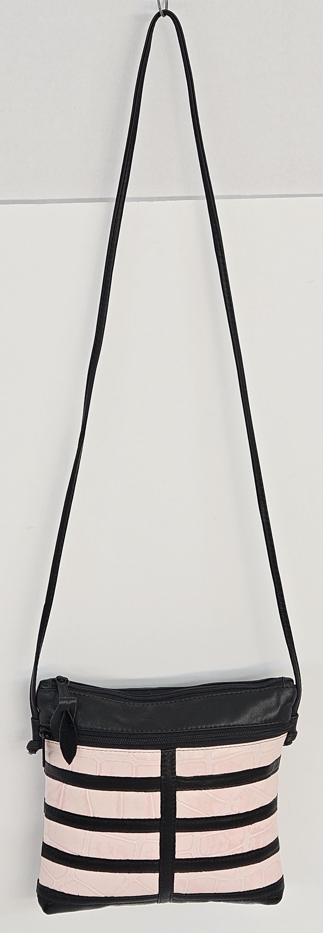 Black Leather Crossbody Bag: Pink Print, USA Made