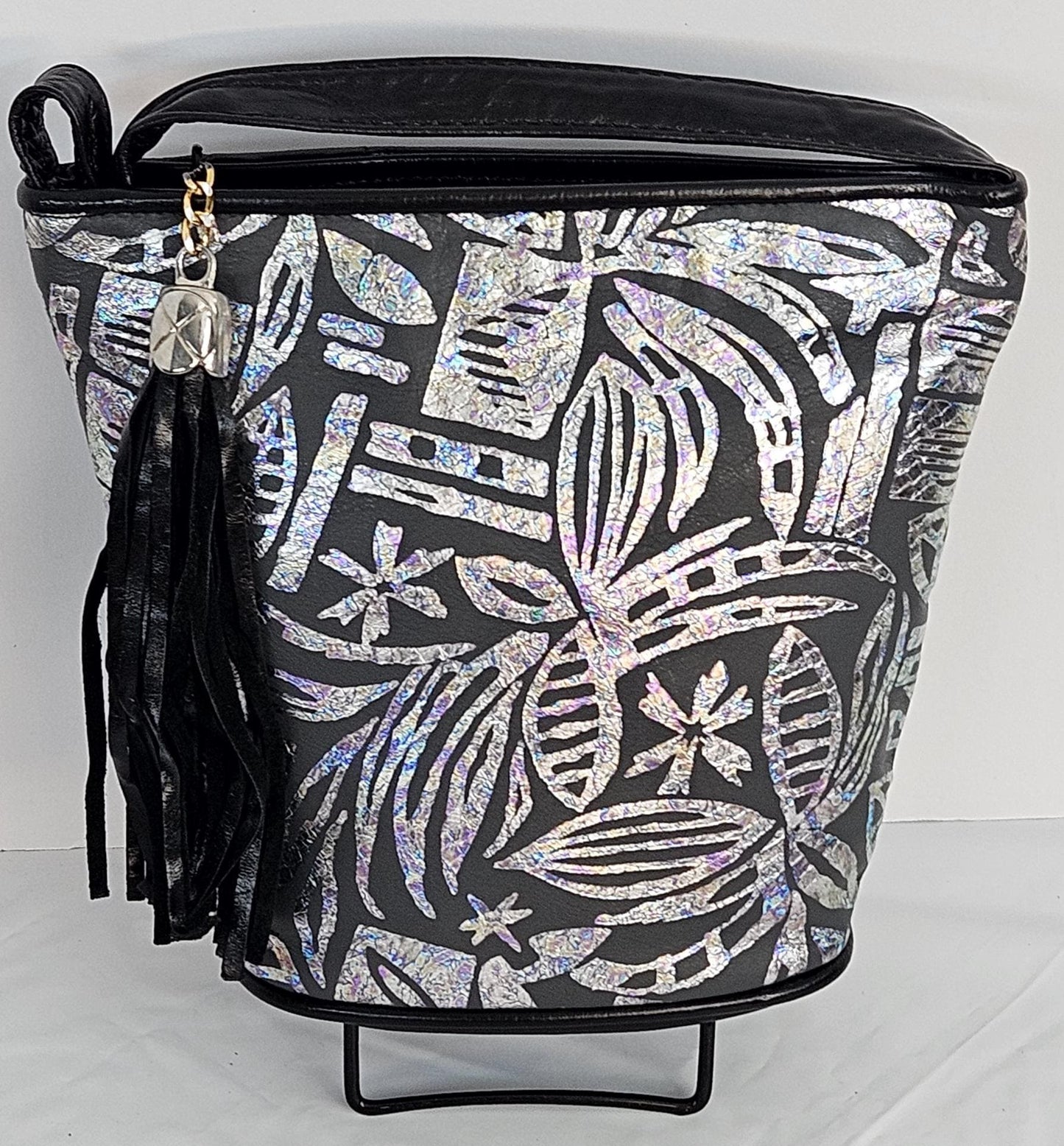 Black Leather Crossbody Handbag: Silver Print, Made in USA