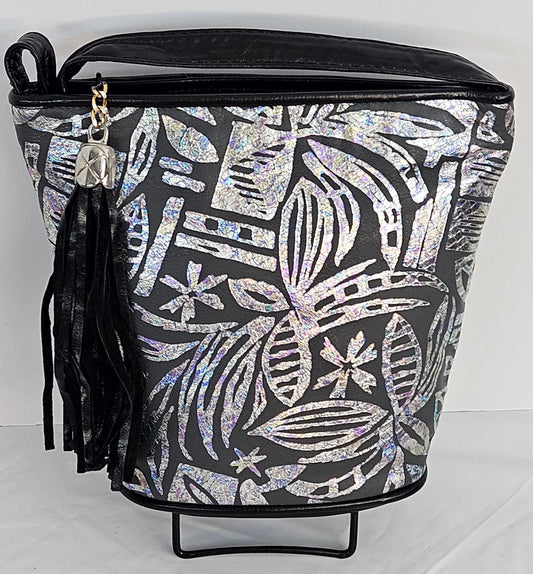 Black Leather Crossbody Handbag: Silver Print, Made in USA
