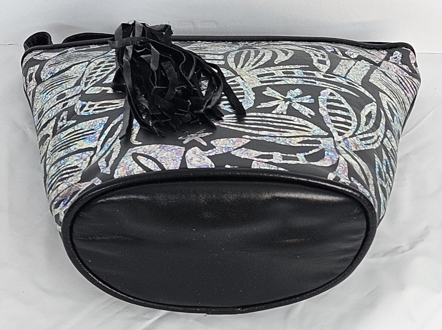 Black Leather Crossbody Handbag: Silver Print, Made in USA