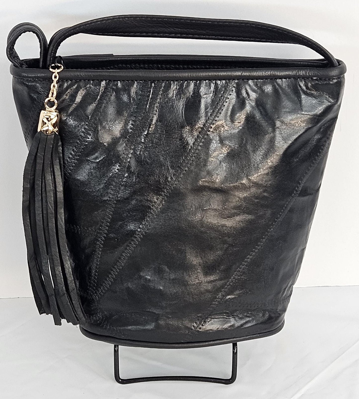 Black Patchwork Genuine Leather Handbag: Unique Crossbody Purse, Made in USA