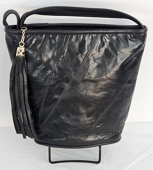 Black Patchwork Genuine Leather Handbag: Unique Crossbody Purse, Made in USA