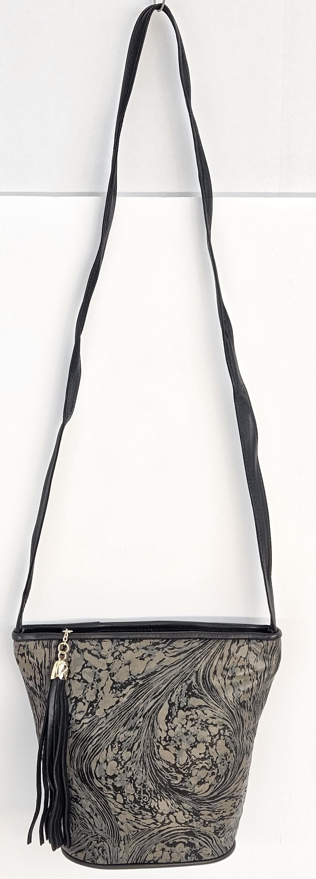 Genuine Leather Crossbody Handbag: Black Mocha Swirl, Made in USA