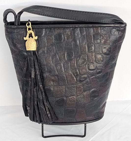 Black with black and maroon mix print Genuine Leather Handbag. #TR2099Bbmm,Purses Universal Use ,Unique design. Made in USA.