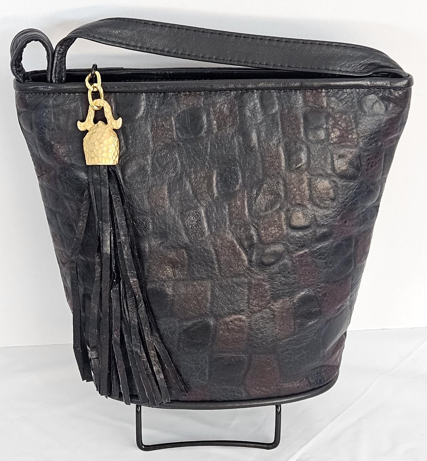 Black Leather Crossbody Handbag: Maroon Print, Made in USA