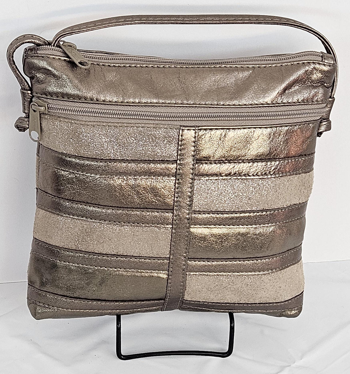 Metallic Leather Patchwork Crossbody Purse - Pewter Glitter, Made in USA