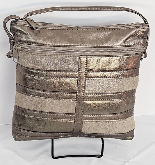 Metallic Leather Patchwork Crossbody Purse - Pewter Glitter, Made in USA