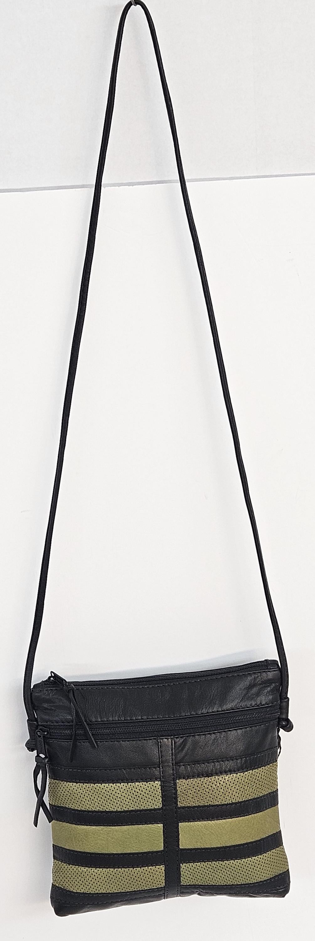 Leather Patchwork Crossbody Purse: Black & Green, Handmade in USA