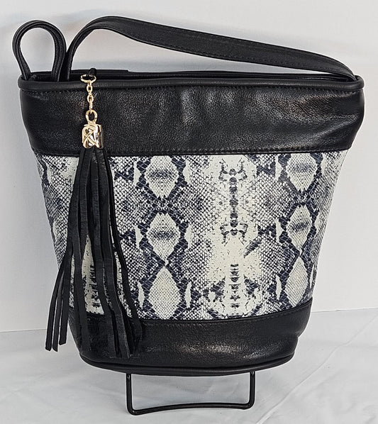 Black with black and white snake mix print  in medial Genuine Leather Handbag.#TR2099Bbwm,Purses Universal Use ,Unique design. Made in USA.