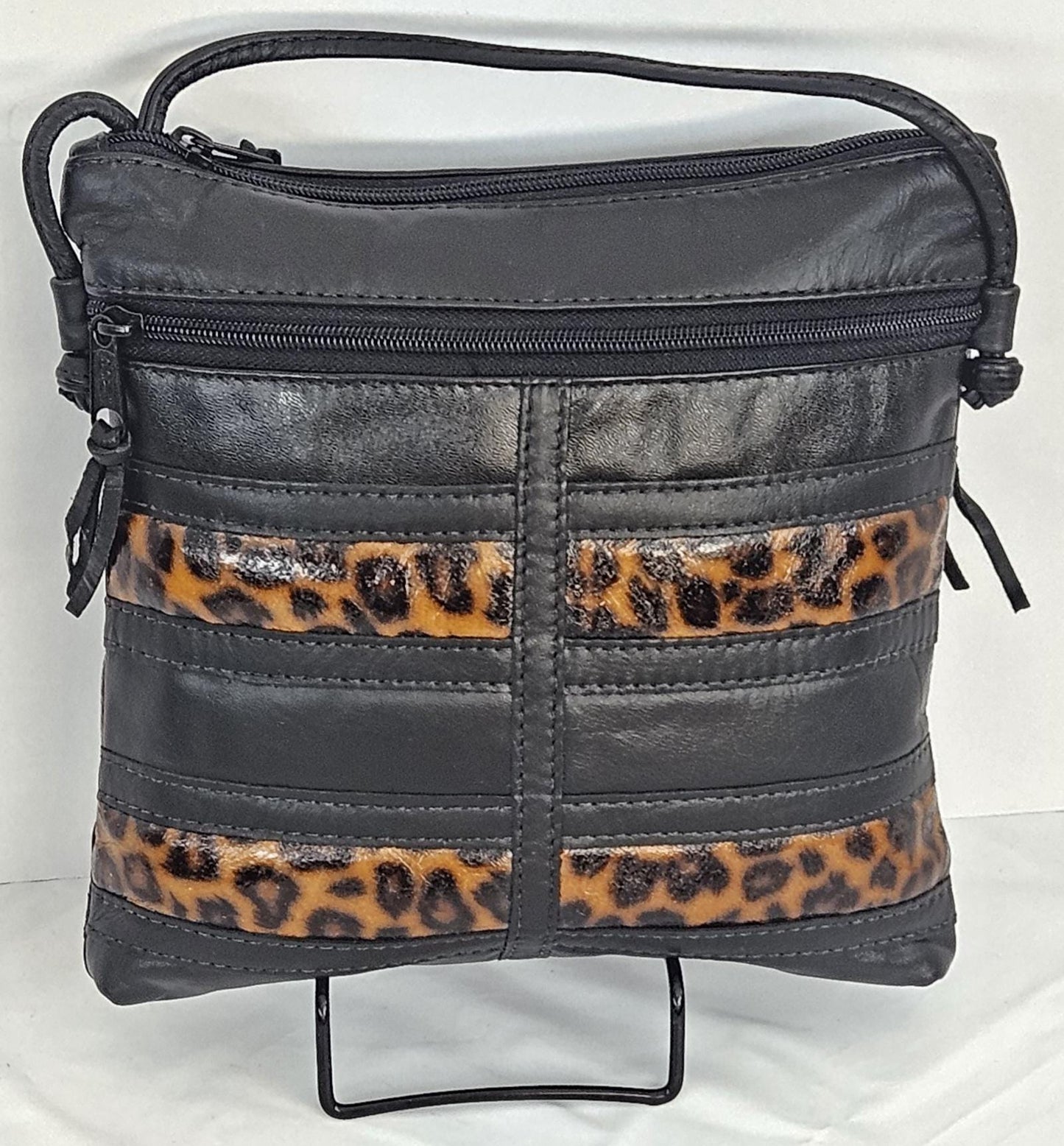 Black Leather Crossbody Bag: Leopard Stripe Patchwork, Made in USA