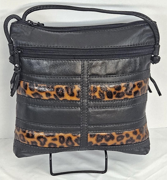 Black Leather Crossbody Bag: Leopard Stripe Patchwork, Made in USA