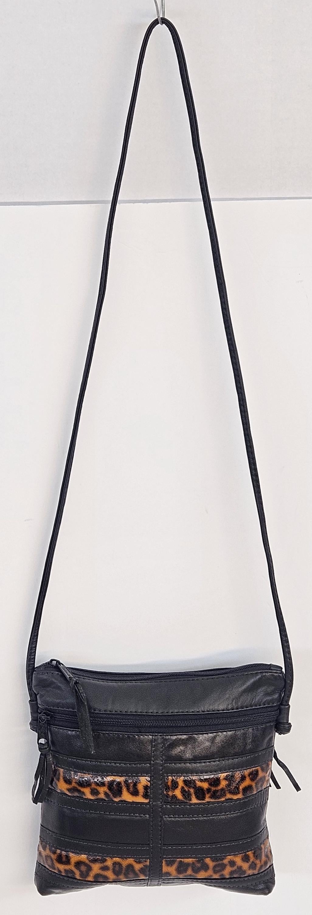 Black Leather Crossbody Bag: Leopard Stripe Patchwork, Made in USA