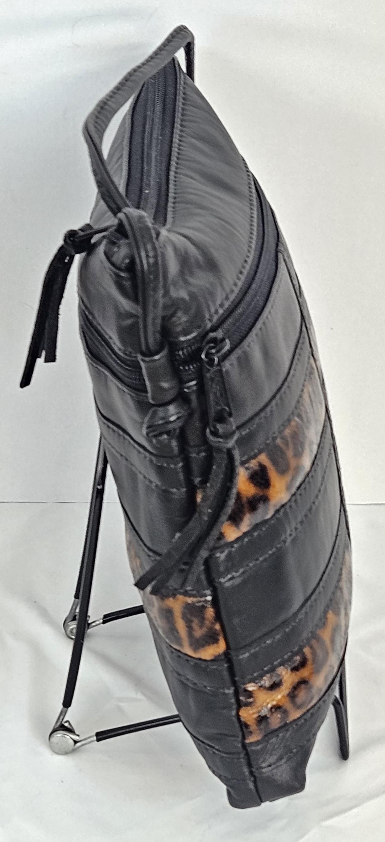 Black Leather Crossbody Bag: Leopard Stripe Patchwork, Made in USA