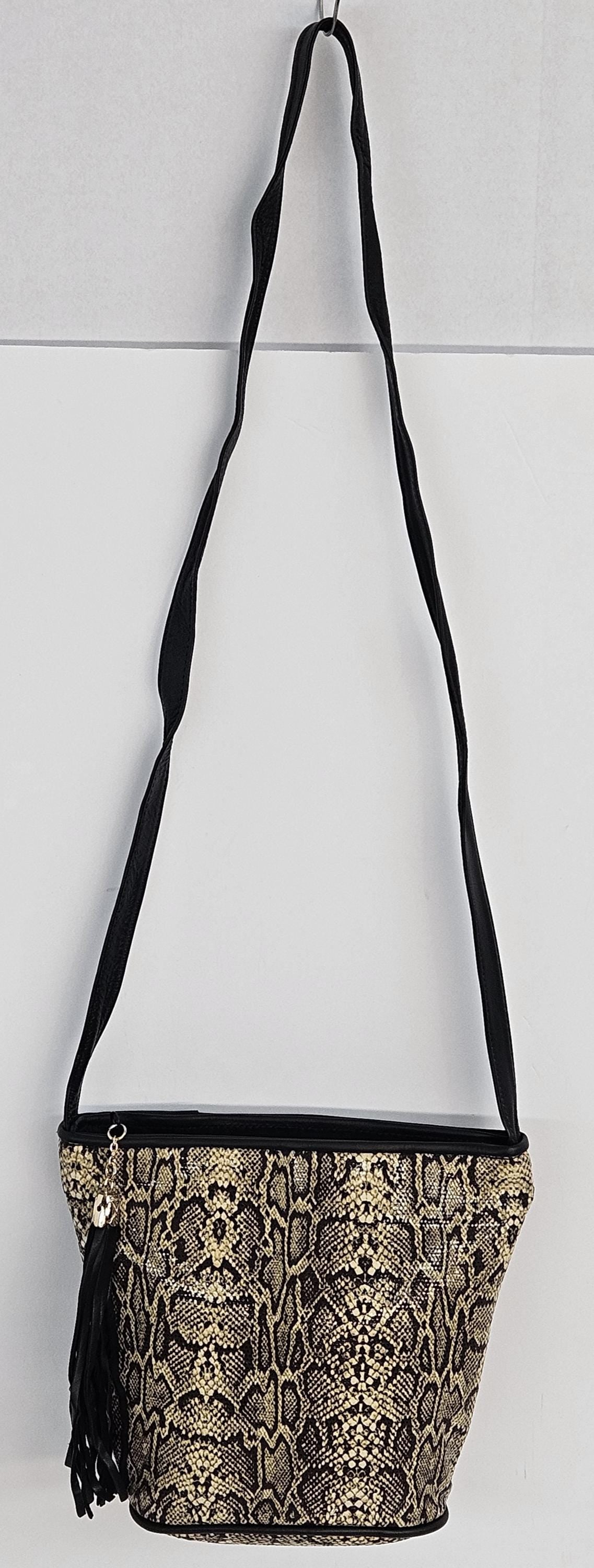 Black Leather Crossbody Handbag: Champagne Snake Print, Made in USA