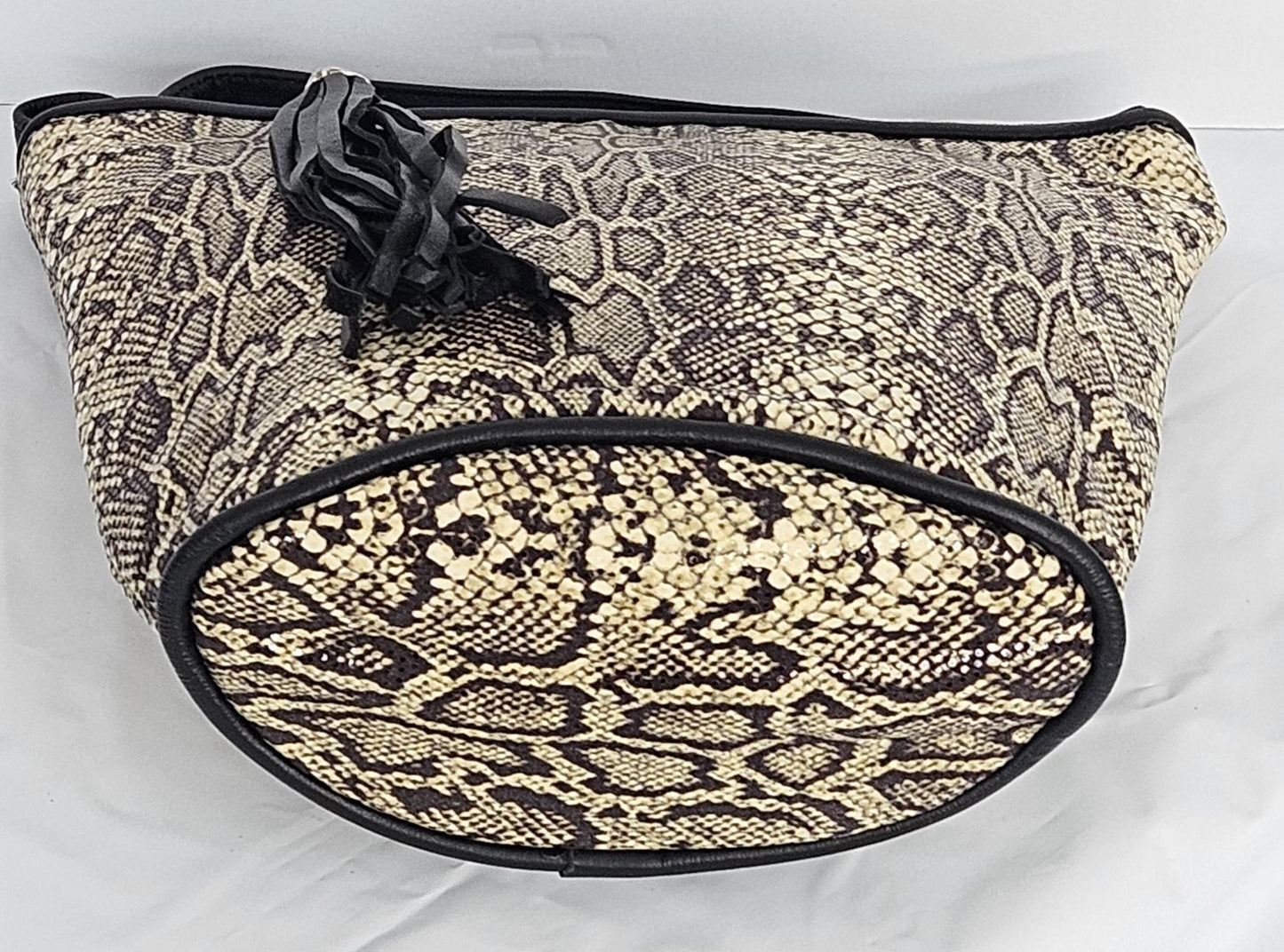 Black Leather Crossbody Handbag: Champagne Snake Print, Made in USA