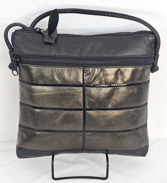 Black Pewter Metallic Leather Crossbody Bag - USA Made